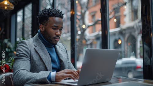 Focused man working on a laptop in a cafe setting with city views, embodying urban productivity. © Kowit