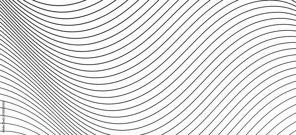 Pattern with striped swirl waves drawn in ink. Vector illustration of diagonal curved lines. Wallpaper with black wavy lines. Abstract geometric background with monochrome water surface texture.