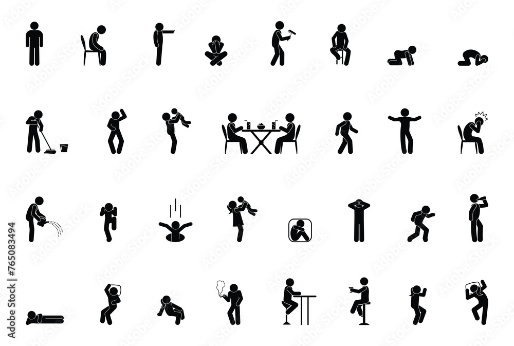 stick figure man icon, set of human silhouettes, various situations, poses and gestures