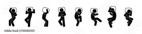 sleep icon, stick figure sleeping people, set of sleeping poses, isolated pictograms man