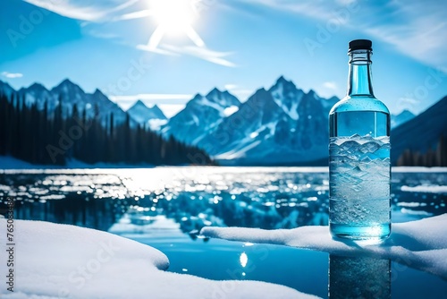 Bottle of crystal water against blurred nature snow mountain landscape