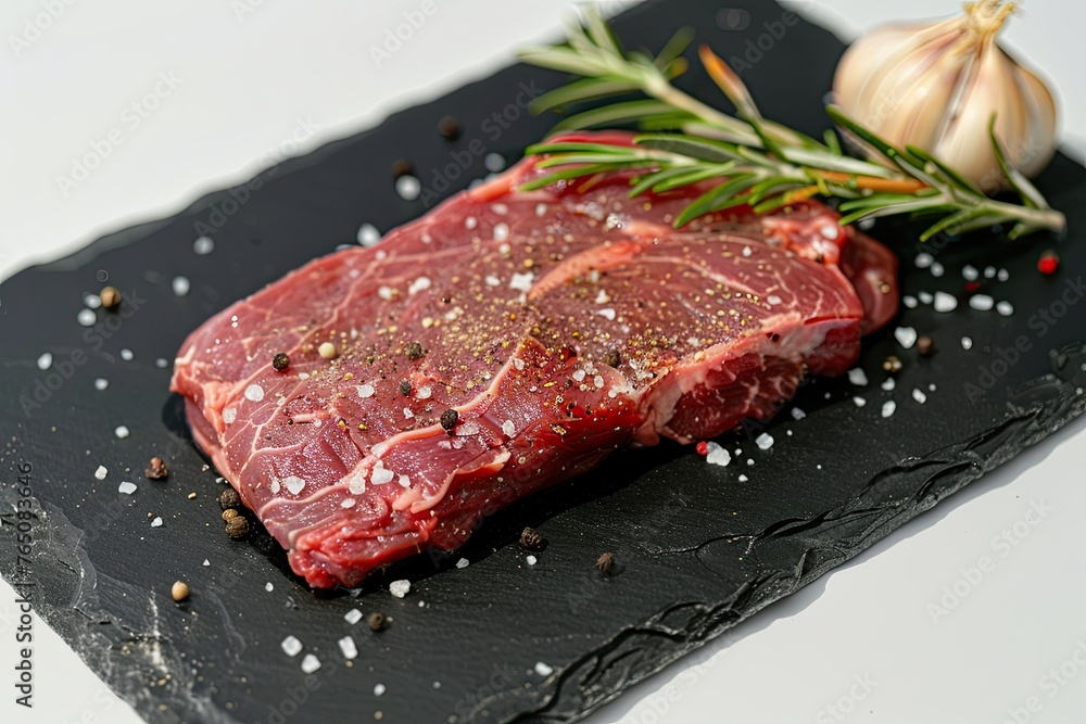 Raw Beef Steak With Salt Pepper And Rosemary On Slate Plate 