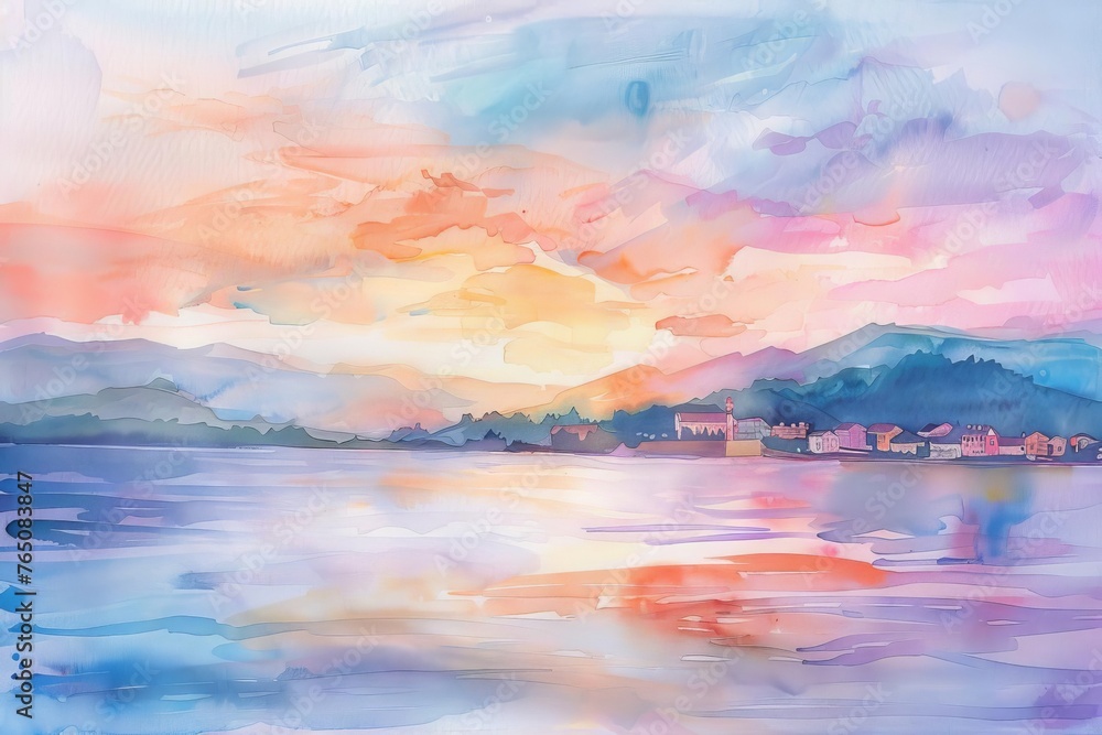 Serene Watercolor Seaside Town at Sunset Soft Hues and Calm Waters, Watercolor Illustration