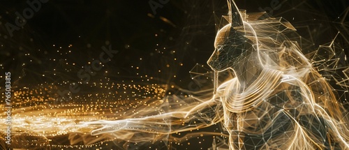 A dynamic wireframe depiction of Anubis engaged in a ceremonial dance, with each line pulsating to the rhythm of ancient drums, set in a virtual temple, bringing the ritualistic aspect of his deity to photo