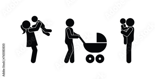 parents and children icon, father and mother holding a child in their arms, toddler icon, pictogram of a man with a baby stroller