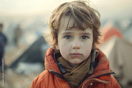 Impact of war and displacement: A photo of a young refugee child standing in a crowded camp. Concept War, displacement, refugee, child, camp
