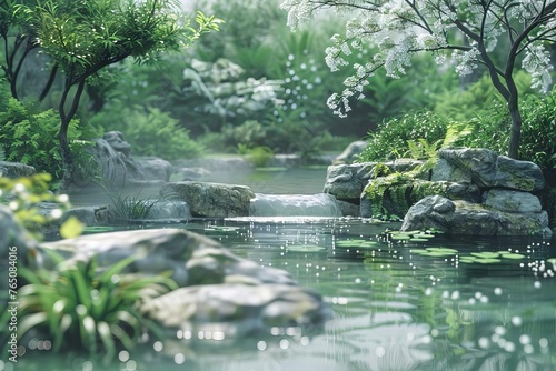Serenity in the Zen Garden - Digital Illustration of Tranquil Japanese Garden with Flowing Water