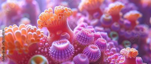  Close-up photo featuring variously colored, small to medium sized corals beneath the water's surface
