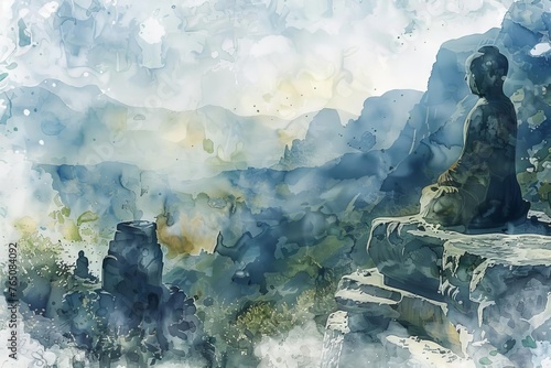 Silent Guardians Ancient Stone Statues Overlooking a Forgotten Valley, Digital Watercolor