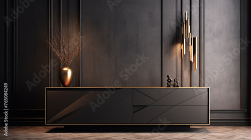 Imagine a 3D representation of a modern living space, a solitary mockup frame on a cabinet offering a contrast to the dark wall backdrop, hinting at an aesthetic of understated elegance.