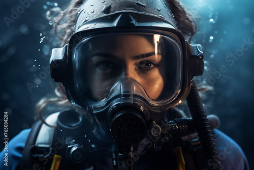 AI generated picture underwater photo of diver with mask in suit scuba diving in the water