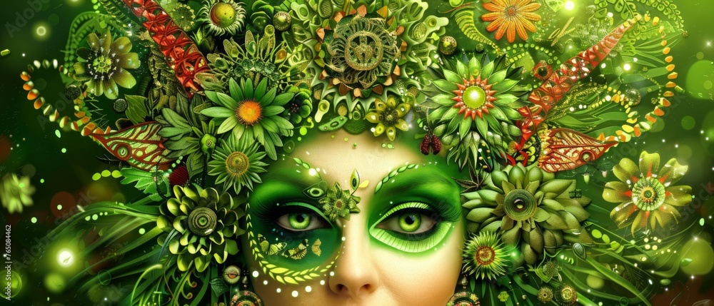  Green and red flowers adorn woman's hair, clock on face - Digital Painting