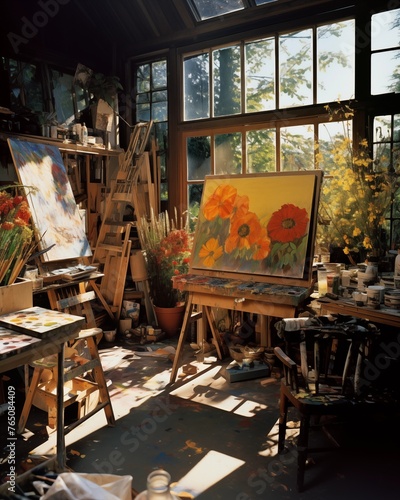 sun-drenched artist's studio, where the chaos of creativity is beautifully organized into a tapestry of colors and textures
