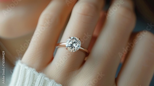 An exquisite, minimalist ring, showcasing a perfect diamond ring adorns the finger of a professional jewelry model