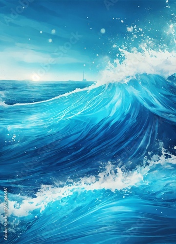 blue ocean wave.Serene Ocean Waves Background.Blue Sky And Sea. Mesmerizing azure wave, cresting majestically on clear blue sky background with white clouds. Beautiful realistic background 