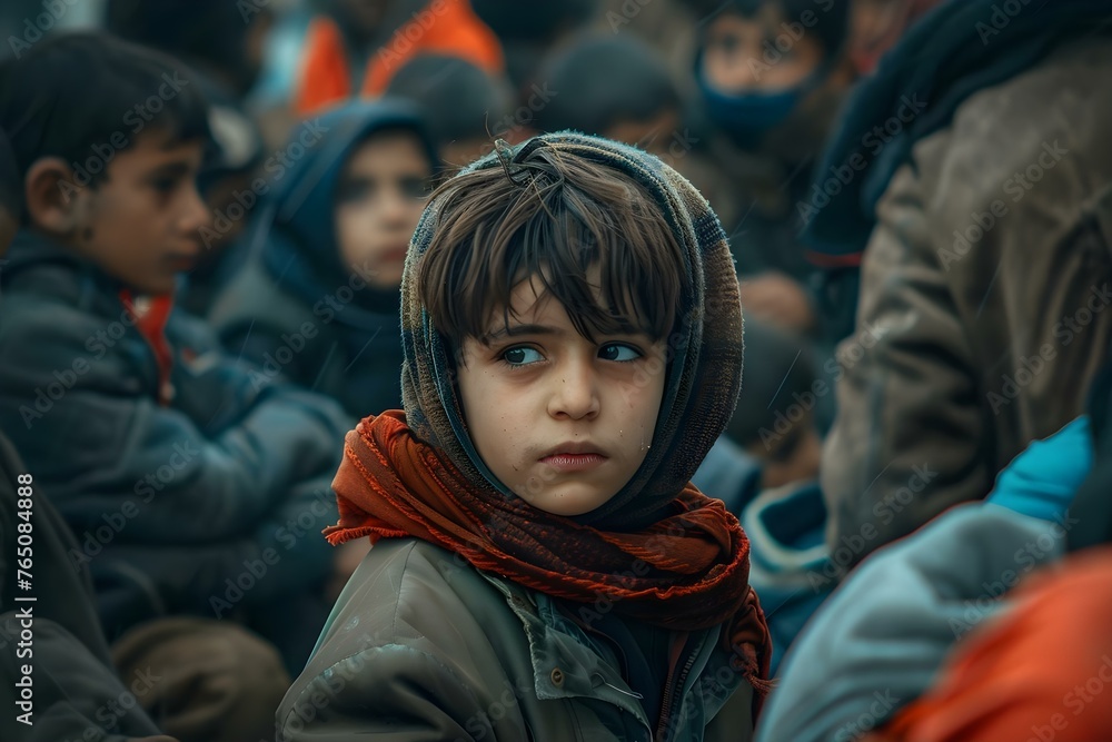 Refugees and children gather in a crowded space during an economic crisis. Concept Refugee Crisis, Economic Instability, Crowded Conditions, Vulnerable Children, Humanitarian Aid,