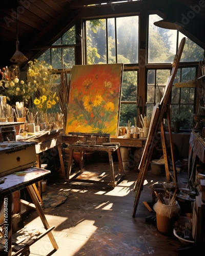 sun-drenched artist's studio, where the chaos of creativity is beautifully organized into a tapestry of colors and textures