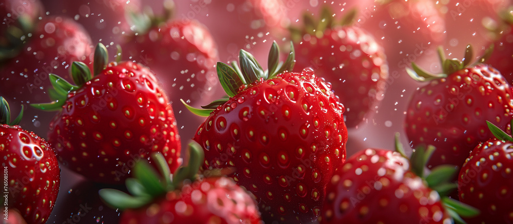 Fresh juicy ripe strawberries in water. Red berry background. Healthy food.