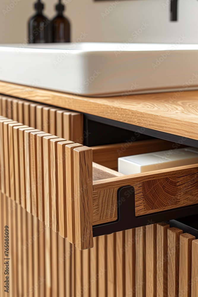 bathroom vanity with slats of wood and an open drawer, modern style