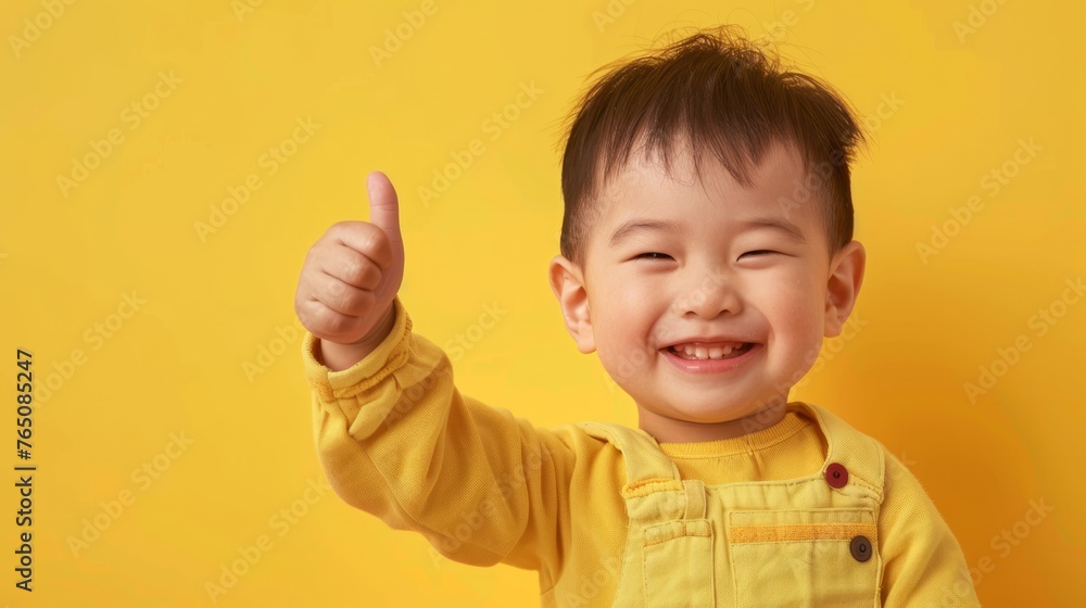 Cheerful Asian Toddler Giving Thumbs Up on Solid Yellow Background. Copy space. Cheerful Asian Toddler Giving Thumbs Up on Solid Yellow Background. Copy space.
