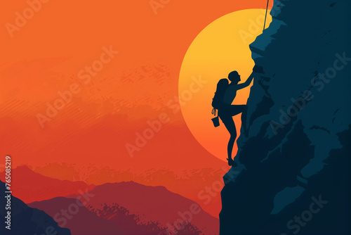 Climber on Rocky Cliff at Sunrise, Flat Design