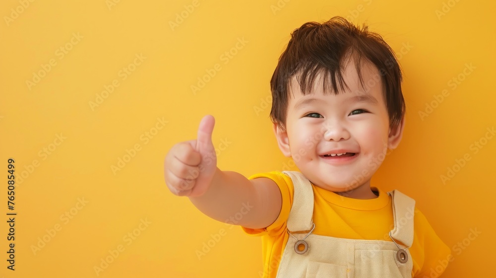Cheerful Asian Toddler Giving Thumbs Up on Solid Yellow Background. Copy space. Cheerful Asian Toddler Giving Thumbs Up on Solid Yellow Background. Copy space.