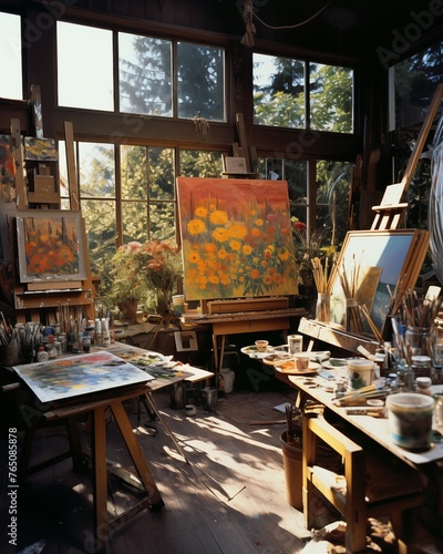 sun-drenched artist's studio, where the chaos of creativity is beautifully organized into a tapestry of colors and textures