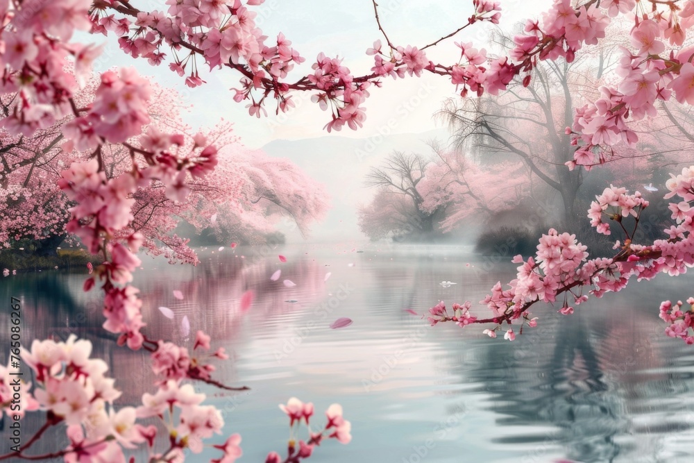 Blooming pink sakura in a park near lake Generative AI