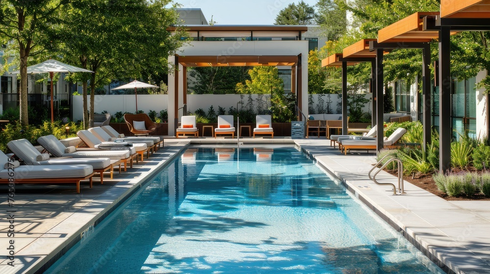 Fototapeta premium Dive into relaxation. Our pool image showcases crystal-clear waters, inviting sun loungers, and cozy seating areas for guests to chill and soak up the sun