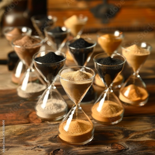 An assorted collection of hourglasses on a wooden surface, symbolizing the passage of time, deadlines, and the concept of temporal measurement