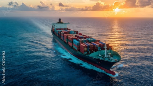 Ocean Voyage: Large Cargo Ship Carrying Containers in Photograph photo