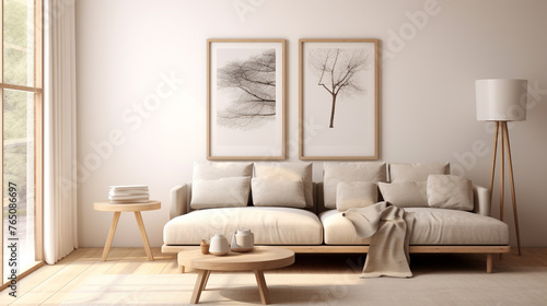 Visualize a minimalist living room in Scandinavian style, where a mock-up poster frame stands against a soothing, neutral-toned wall, rendered in 3D for a life-like presentation.