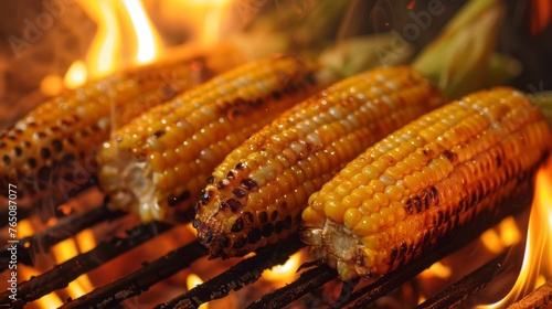 Corn on the cob roasted over an open fire. Flames can be seen in the background. a summer picnic photo