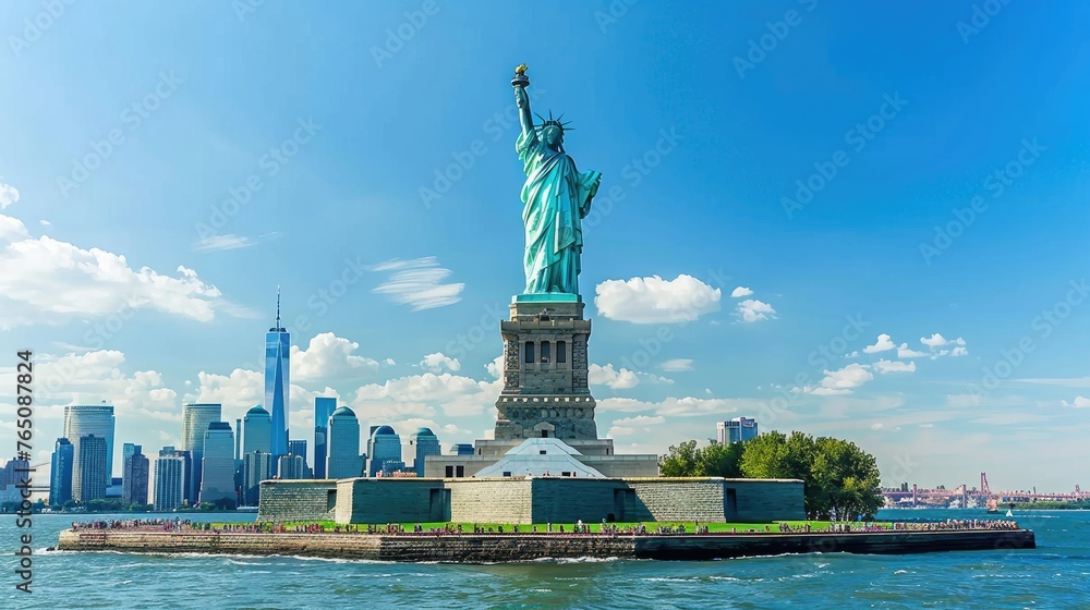 Our image captures the magic of the Statue of Liberty overlooking Manhattan, with hotels and apartments offered nearby for a memorable stay.