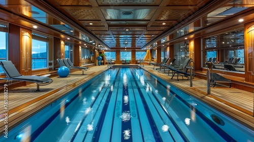 Luxurious cruise ship indoor swimming pool and spa area with sun loungers and exercise equipment.