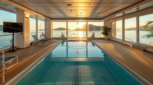 Luxurious cruise ship indoor swimming pool and spa area with sun loungers and exercise equipment. © PaulShlykov