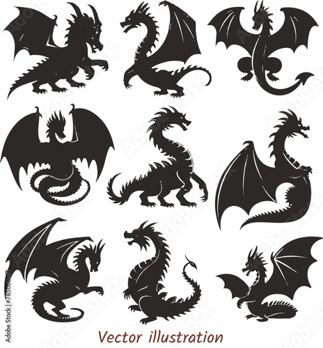 Black dragon Silhouettes vector  Clipart Set For Chinese Year of The Dragon  Chinese Zodiac Collection Vector Illustration Set.