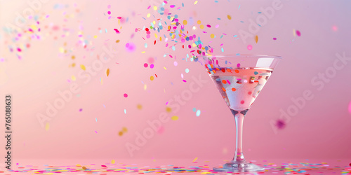 champagne glasses with confetti on the pink background, party concept © PixelCharm