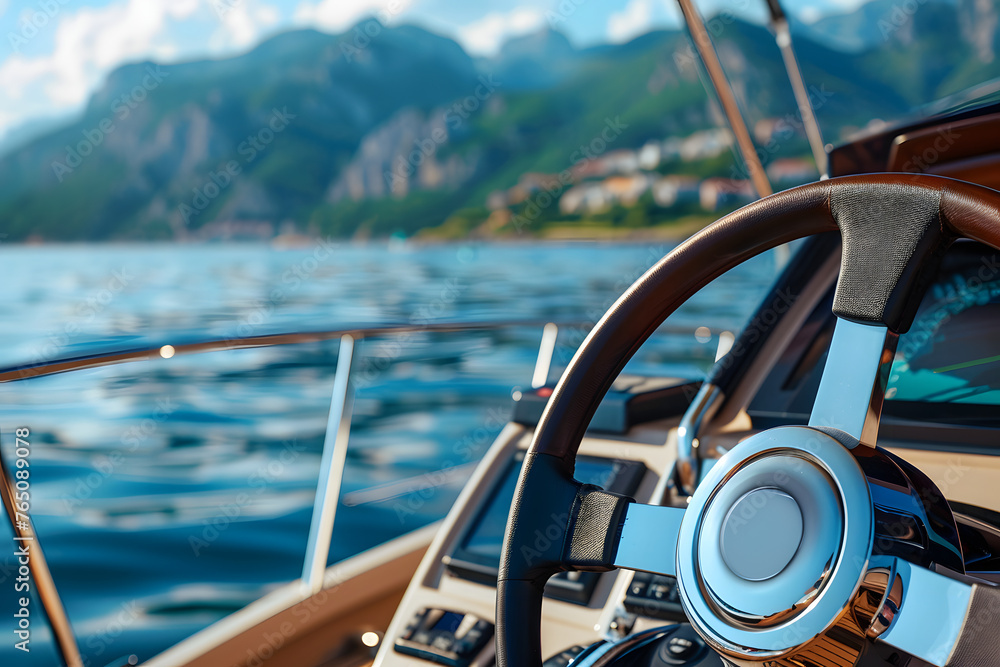 Close up of steering wheel on a luxury yacht. Close up of steering wheel on a luxury yacht.