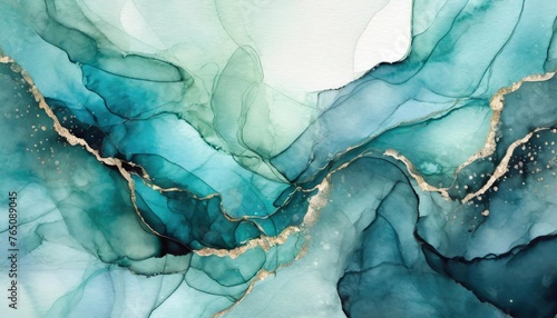 Beautiful turquoise colors blue, green, cyan, gold abstract alcohol ink watercolor background. Abstract liquid marble design. Luxury wallpaper concept brush oil modern paper splash painting water.
