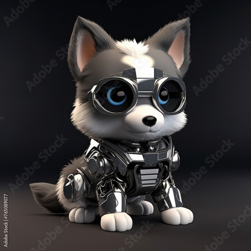 A cute husky puppy with glasses and a silver suit. The dog is sitting on a dark background. The dog s outfit and glasses give it a futuristic and robotic appearance