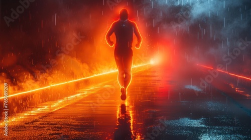 Rearview with male athlete running at speed with long-exposure lighting effect in front of a blue runway background, Generative AI