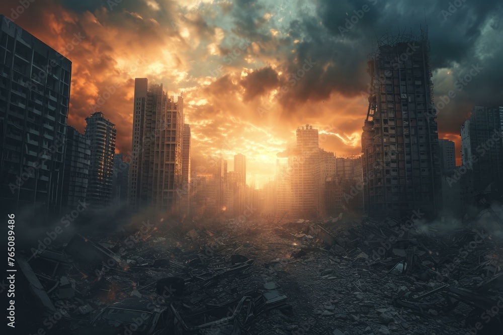 Apocalyptic city. Ruin war disaster. Generate Ai - obrazy, fototapety, plakaty 