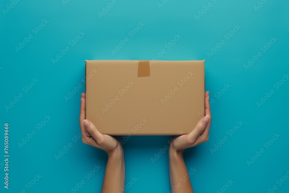 top view The person is holding a cardboard box with a fashion accessory inside. The background is electric blue, resembling a skyscraper. The box is a rectangle shape, held delicately by their wrist - obrazy, fototapety, plakaty 