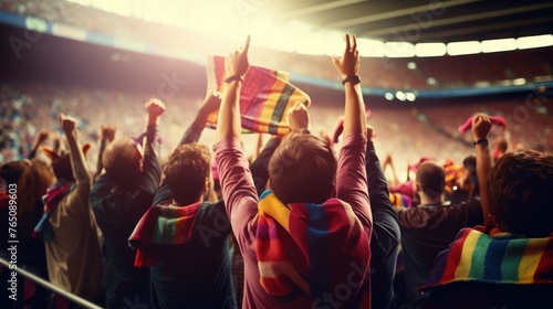 Soccer fan or football fan with flag at cheering while winning match. Generative AI