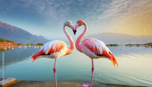 Romantic Flamingo Couple Forming Heart Shape, Valentine's Day concept photo