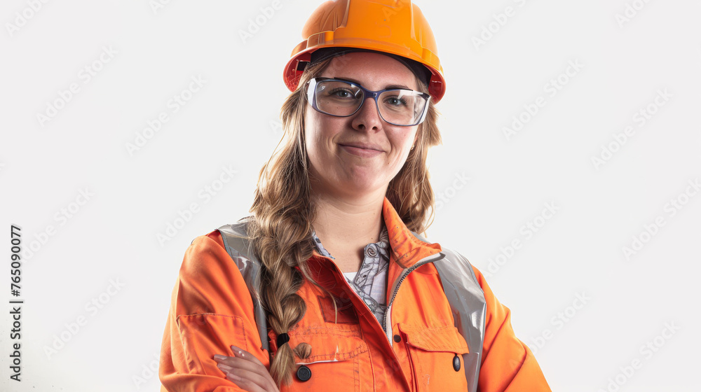 Confident female engineer in orange reflective vest and hard hat against a white background. Confident female engineer in orange reflective vest and hard hat against a white background.