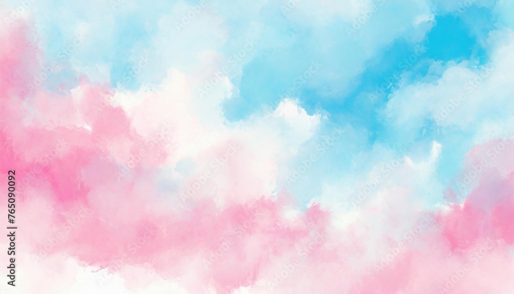 Artistic pink, blue and white watercolor background with abstract cloudy sky concept. Grunge abstract paint splash artwork illustration. Beautiful abstract fog cloudscape wallpaper.