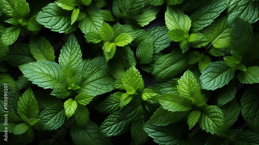 Lush green mint leaves filling frame on dark background. Organic produce and gardening concept. Design for food blog, herbal remedy publication, or eco-friendly brand packaging. Lush green mint leaves filling frame on dark background. Organic produce and gardening concept. Design for food blog, herbal remedy publication, or eco-friendly brand packaging.