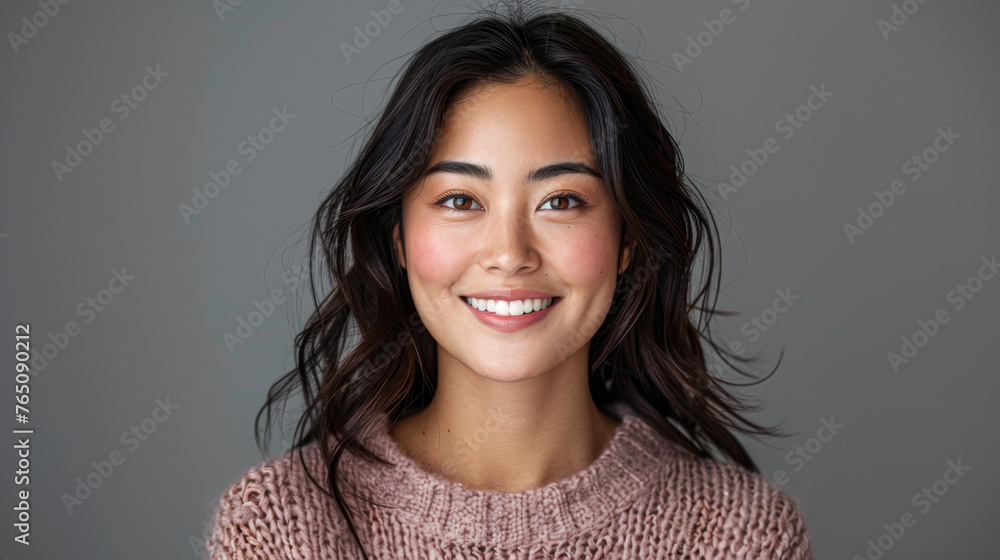 Cheerful young woman in a pink sweater, with a joyful smile and a gray background. Cheerful young woman in a pink sweater, with a joyful smile and a gray background.